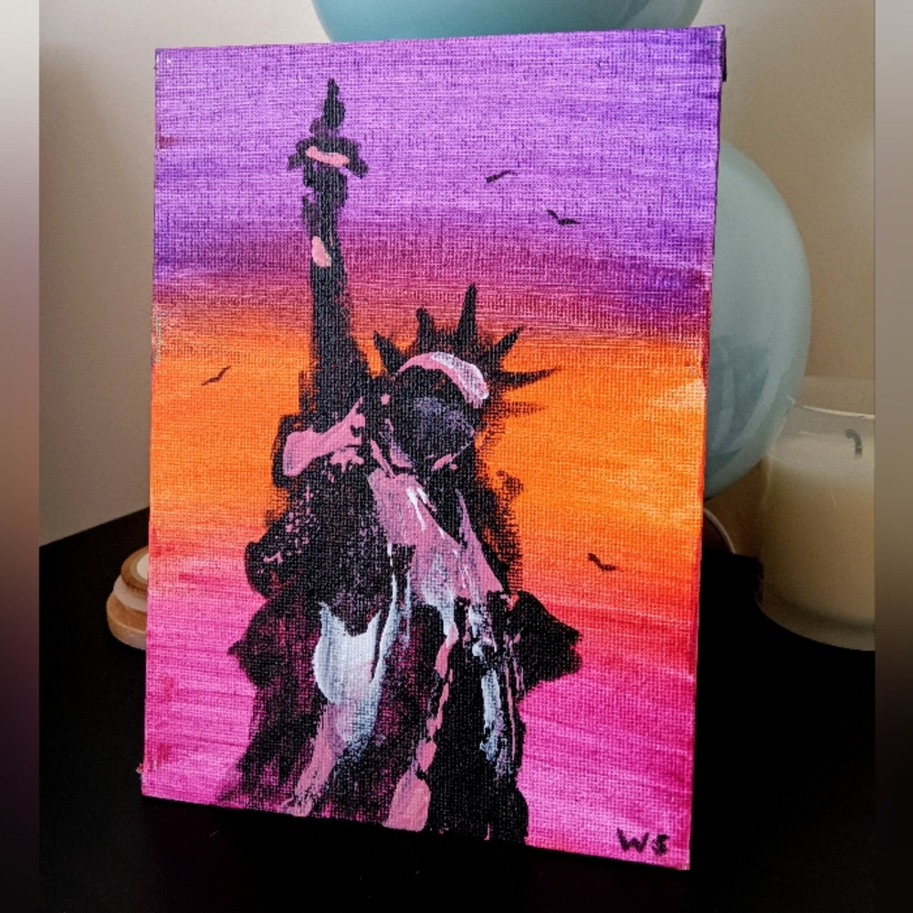Statue of Liberty – Original Acrylic Painting 5x7 New York Art Sunset Cityscape